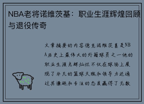 NBA老将诺维茨基：职业生涯辉煌回顾与退役传奇