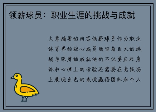 领薪球员：职业生涯的挑战与成就